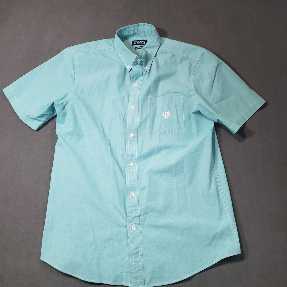 Chaps Button Down Shirt Mens Medium Turquoise Gingham Short Sleeve Easy Care